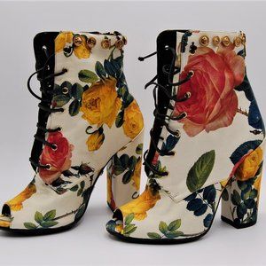 Fausto Puglisi Boots 7 Boho Zip Booties Peep Toe Roses Fabric Heels Floral Italy